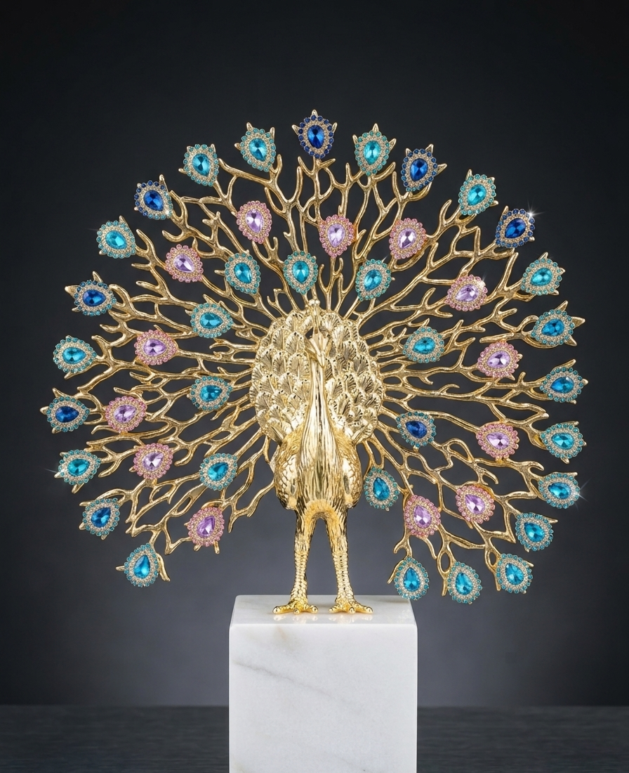 The Majestic Aurelia: Premium Crystal-Embellished Golden Peacock Sculpture on Calacatta Marble Base