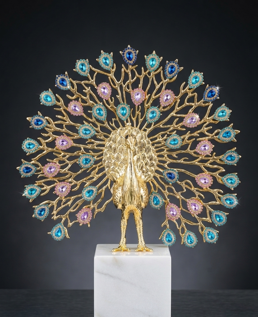 The Majestic Aurelia: Premium Crystal-Embellished Golden Peacock Sculpture on Calacatta Marble Base