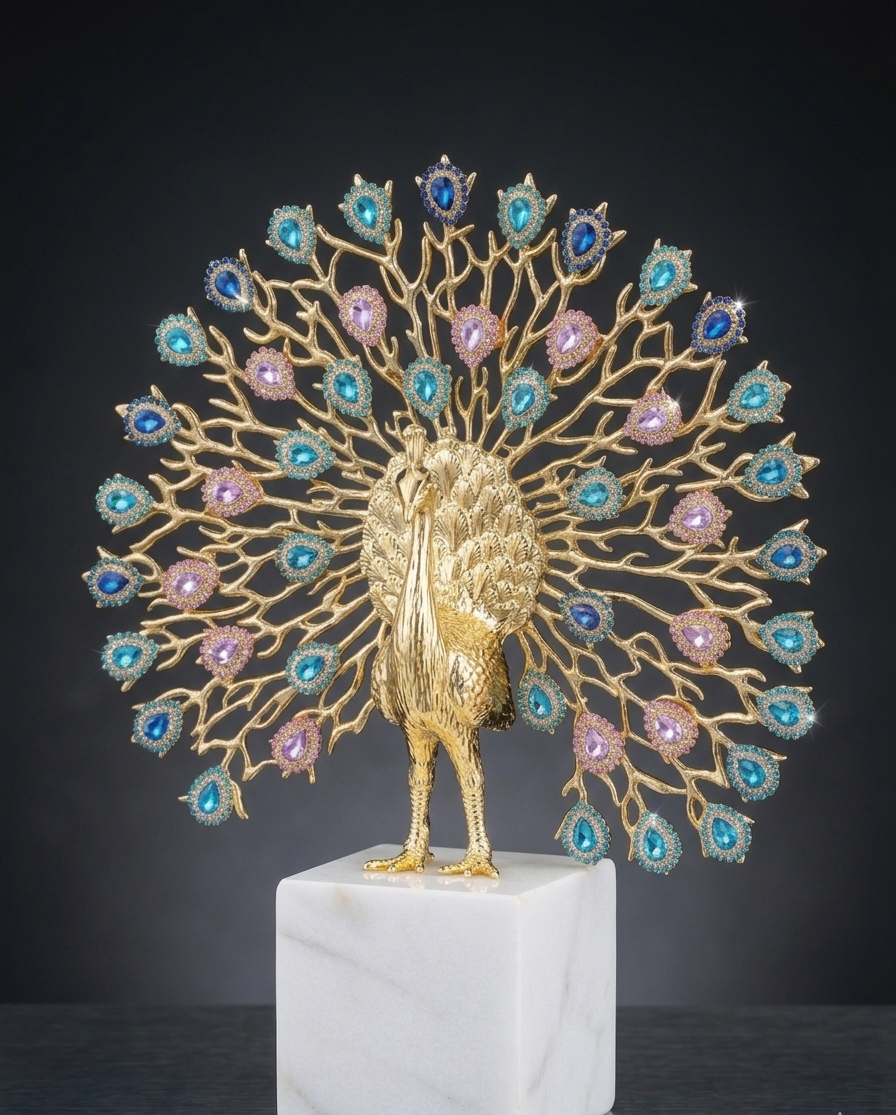 The Majestic Aurelia: Premium Crystal-Embellished Golden Peacock Sculpture on Calacatta Marble Base