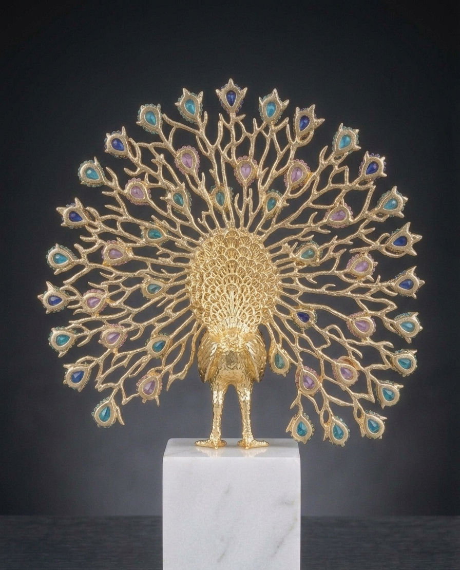 The Majestic Aurelia: Premium Crystal-Embellished Golden Peacock Sculpture on Calacatta Marble Base