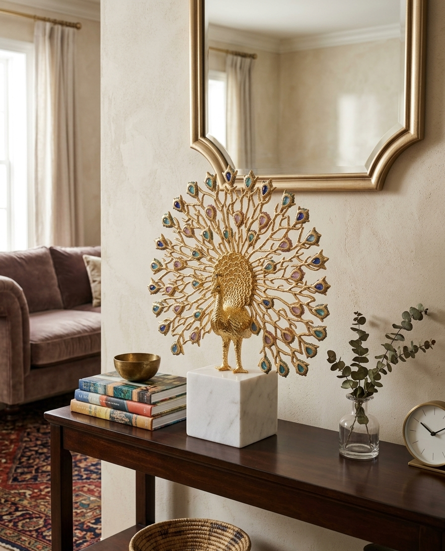 The Majestic Aurelia: Premium Crystal-Embellished Golden Peacock Sculpture on Calacatta Marble Base