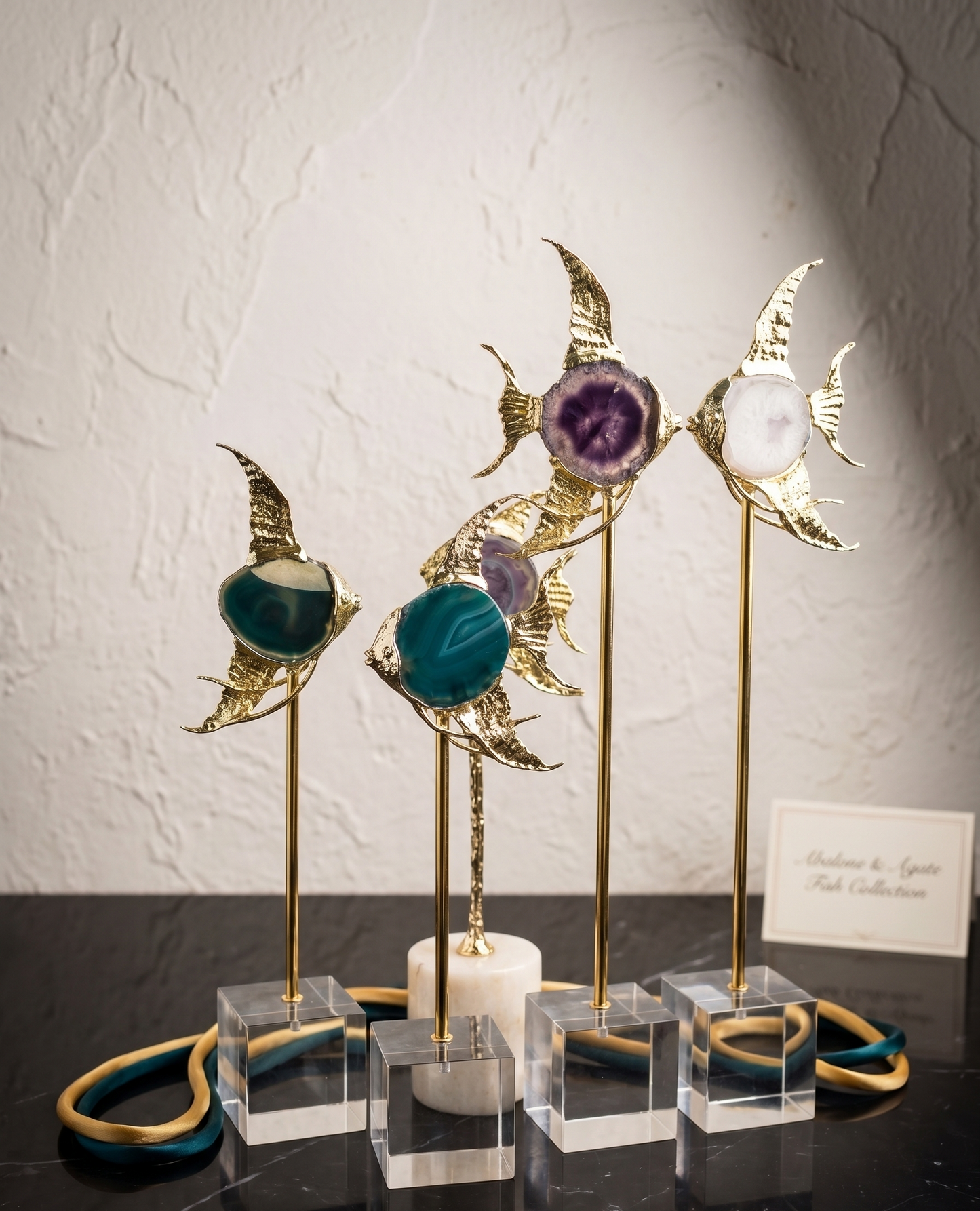 Ocean Majesty: Handcrafted Agate & Brass Fish Figurines with Premium Crystals