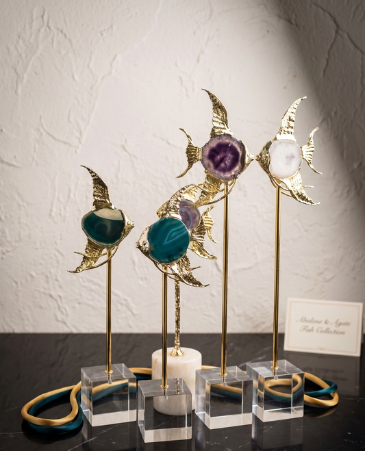 Ocean Majesty: Handcrafted Agate & Brass Fish Figurines with Premium Crystals