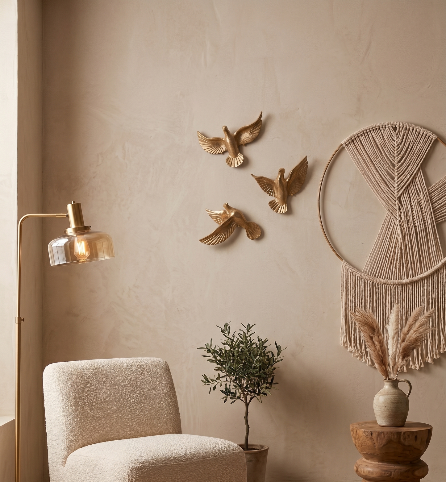 Set of 3 Golden Flight Bird Wall Sculptures – Textured Finish Flying Dove Wall Decor for Living Room, Bedroom & Office
