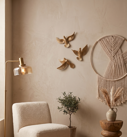 Set of 3 Golden Flight Bird Wall Sculptures – Textured Finish Flying Dove Wall Decor for Living Room, Bedroom & Office