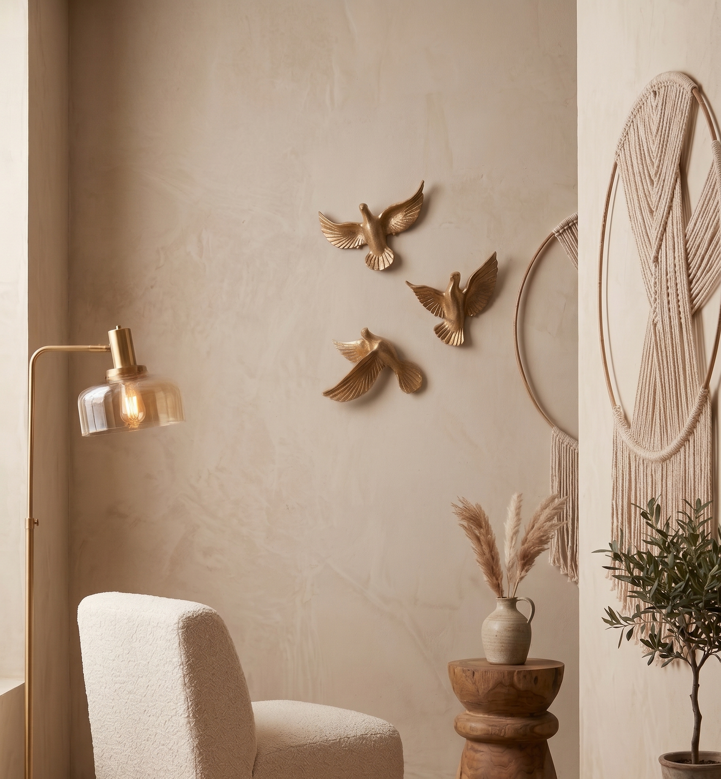 Set of 3 Golden Flight Bird Wall Sculptures – Textured Finish Flying Dove Wall Decor for Living Room, Bedroom & Office