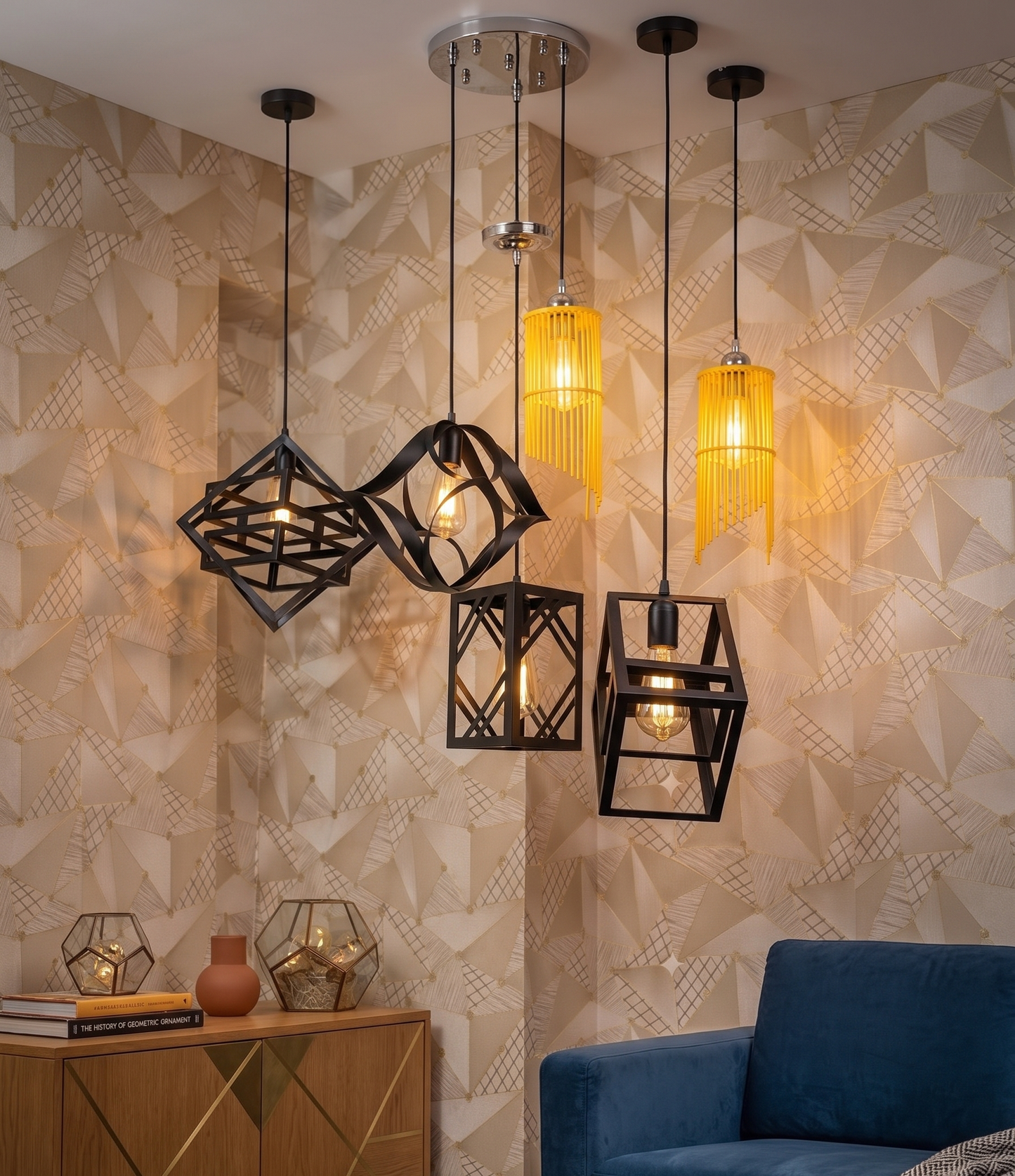 Modern Geometric Pendant Light Cluster - Hanging Ceiling Fixture with Vintage Edison Bulbs
