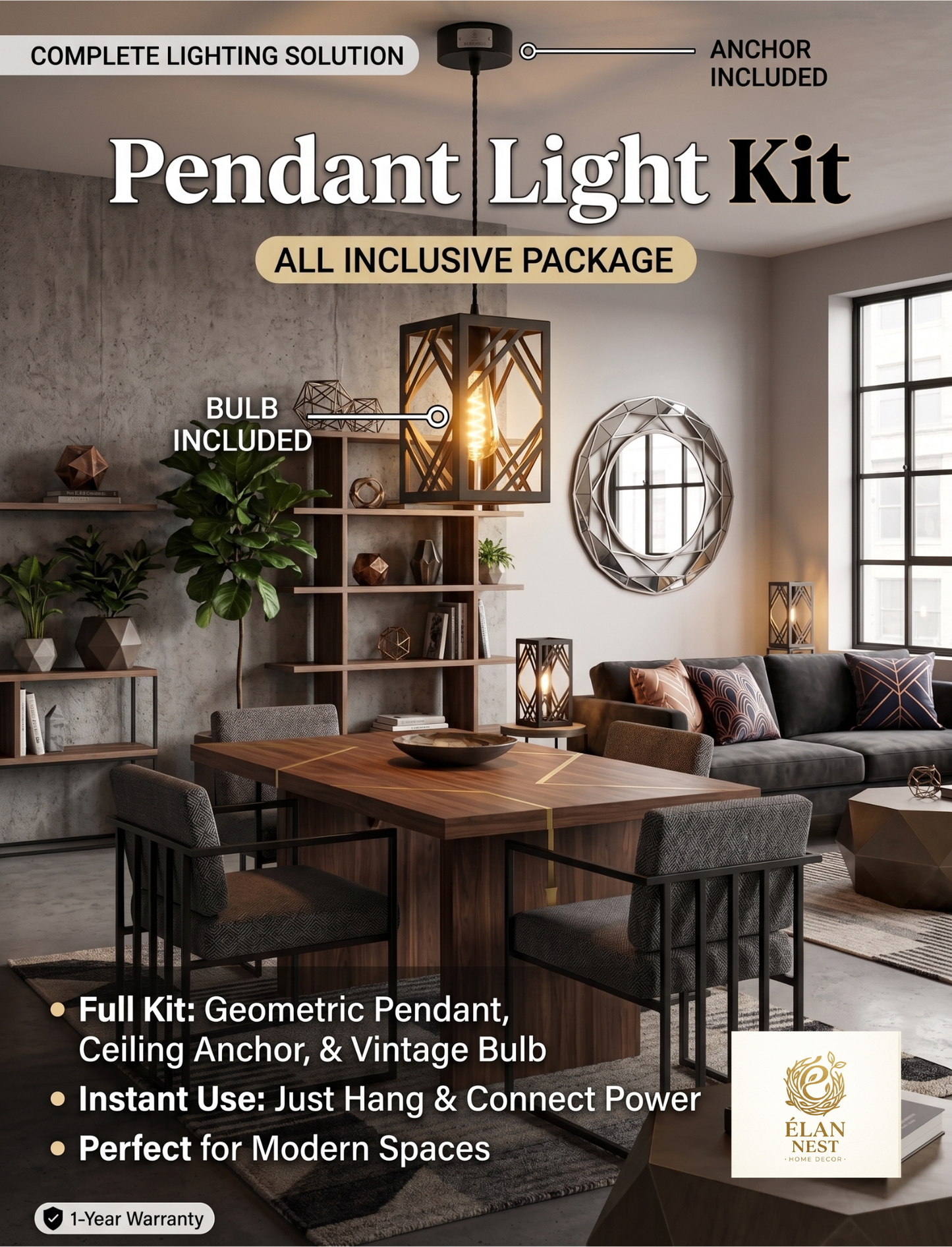 Modern Geometric Pendant Light Cluster - Hanging Ceiling Fixture with Vintage Edison Bulbs