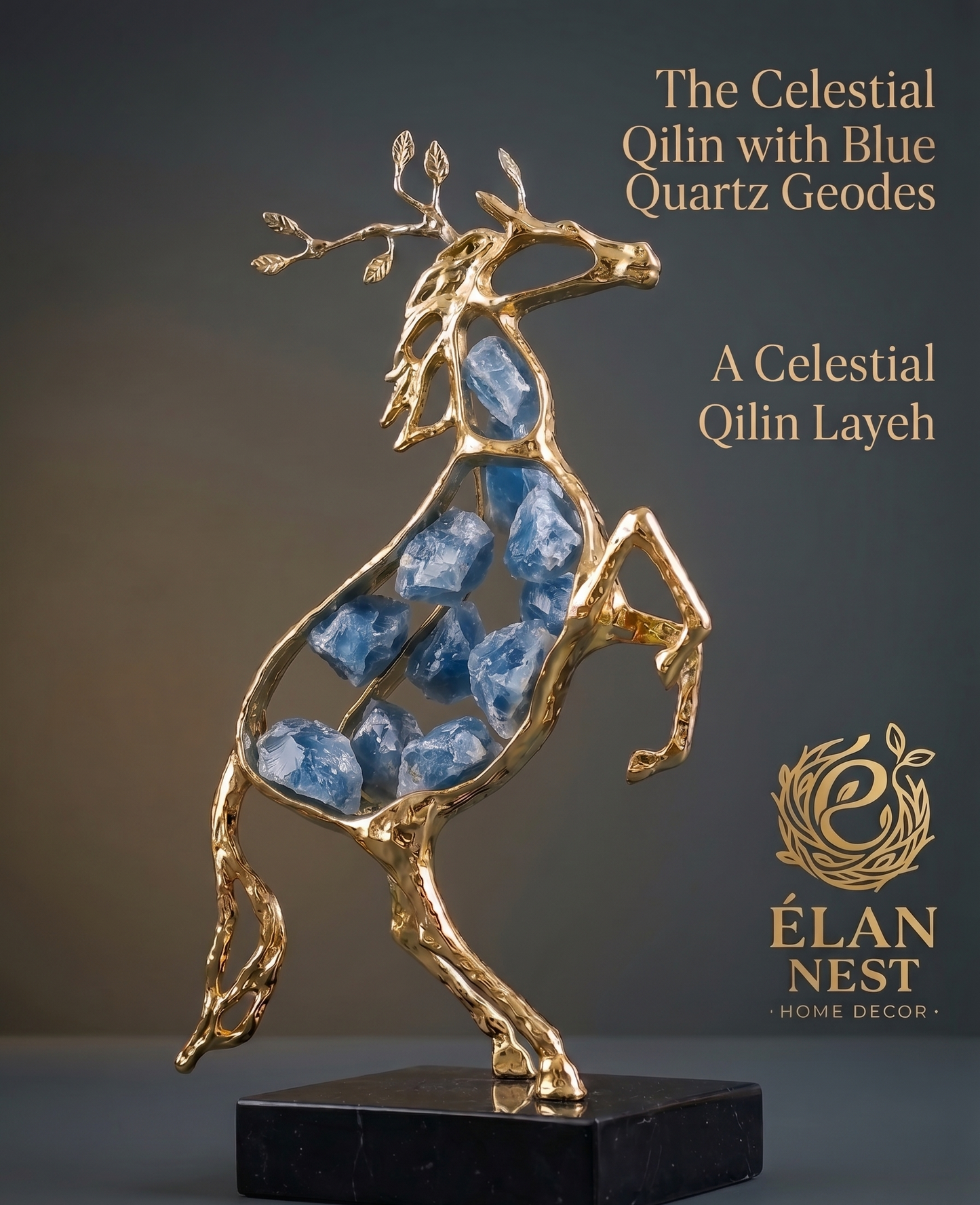 The Élan Horse: Luxury Gold Geometric Stallion Statue with Raw Crystal Inlay