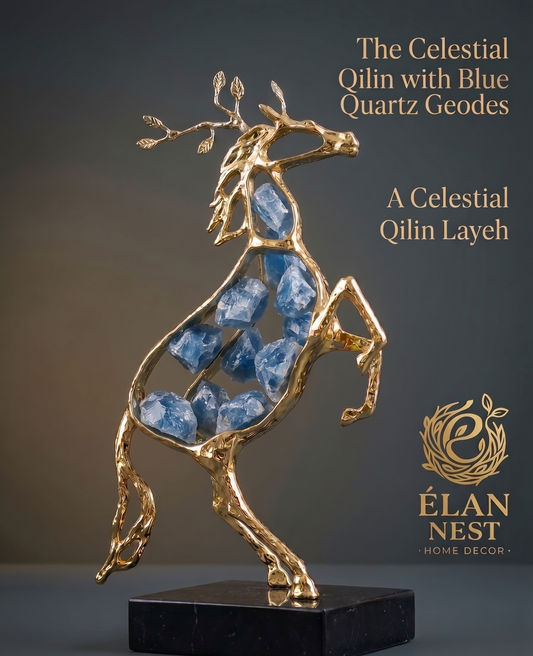 The Élan Horse: Luxury Gold Geometric Stallion Statue with Raw Crystal Inlay
