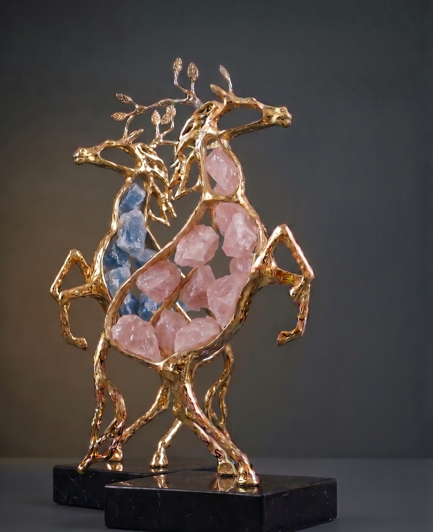 The Élan Horse: Luxury Gold Geometric Stallion Statue with Raw Crystal Inlay