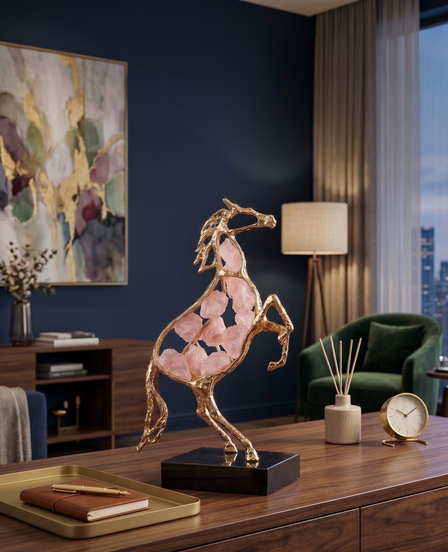 The Élan Horse: Luxury Gold Geometric Stallion Statue with Raw Crystal Inlay