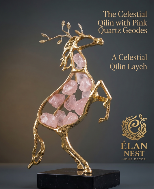 The Élan Horse: Luxury Gold Geometric Stallion Statue with Raw Crystal Inlay